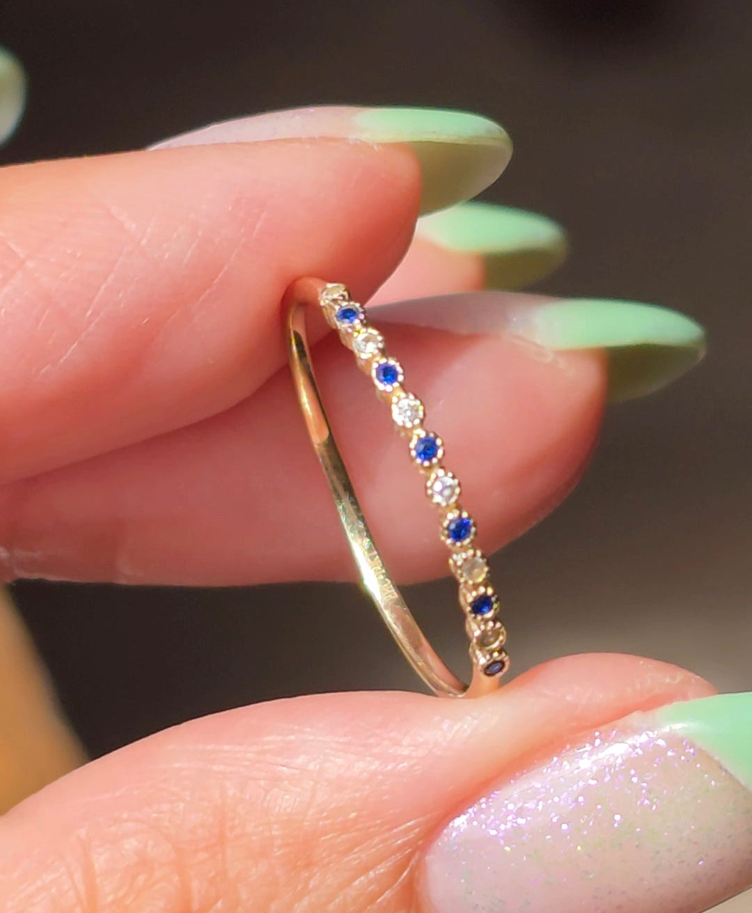 14k Gold Bezel Set Blue Spinel & White Gemstone Dainty Band Stacker Ring Size 6.75