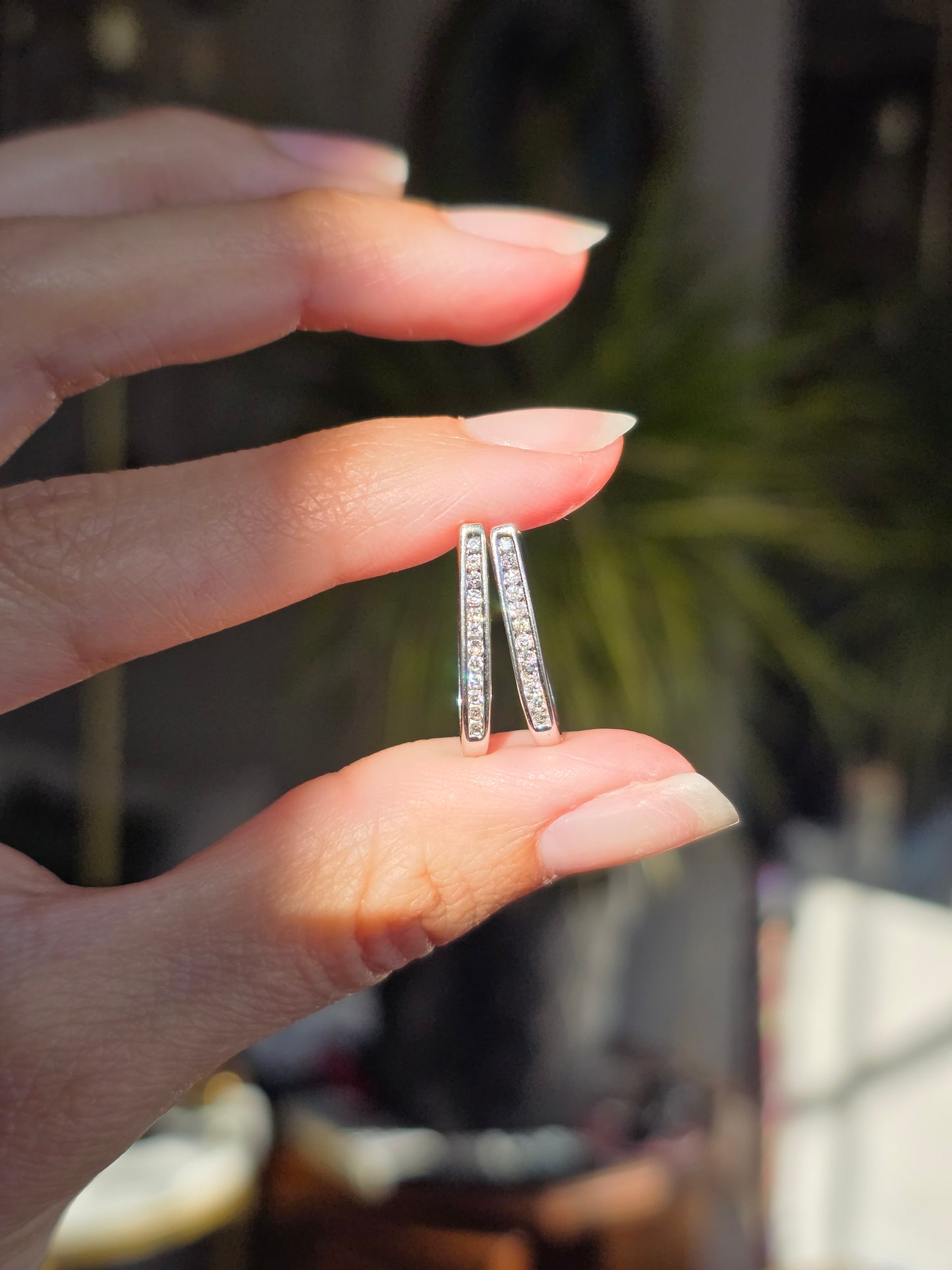 14k White Gold Channel Set Natural Diamond Hoops Earrings