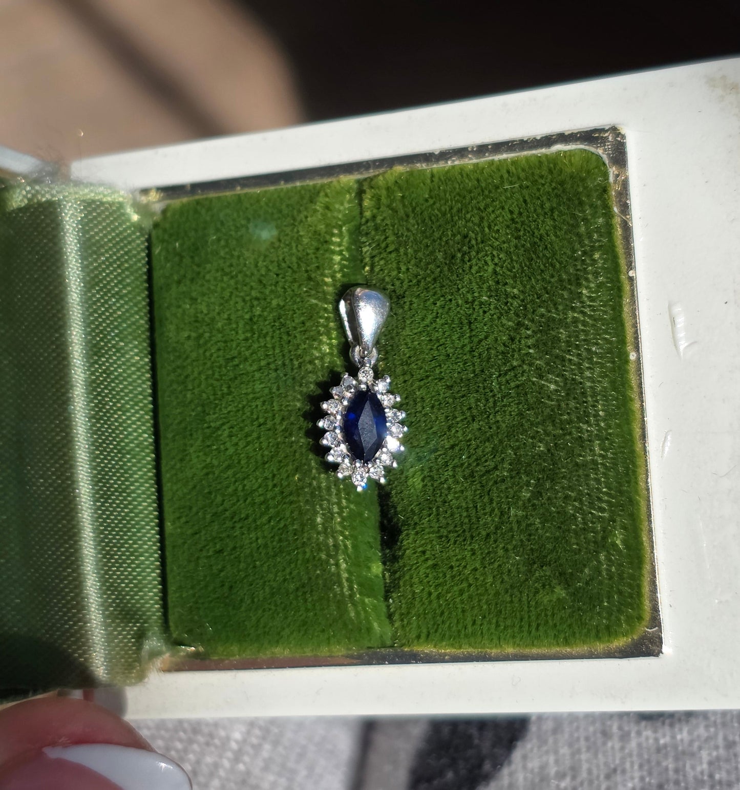 Beautiful Dainty White Gold Sapphire Diamond Pendant With Solid White Gold Cable Link Chain 16" 14k/10k