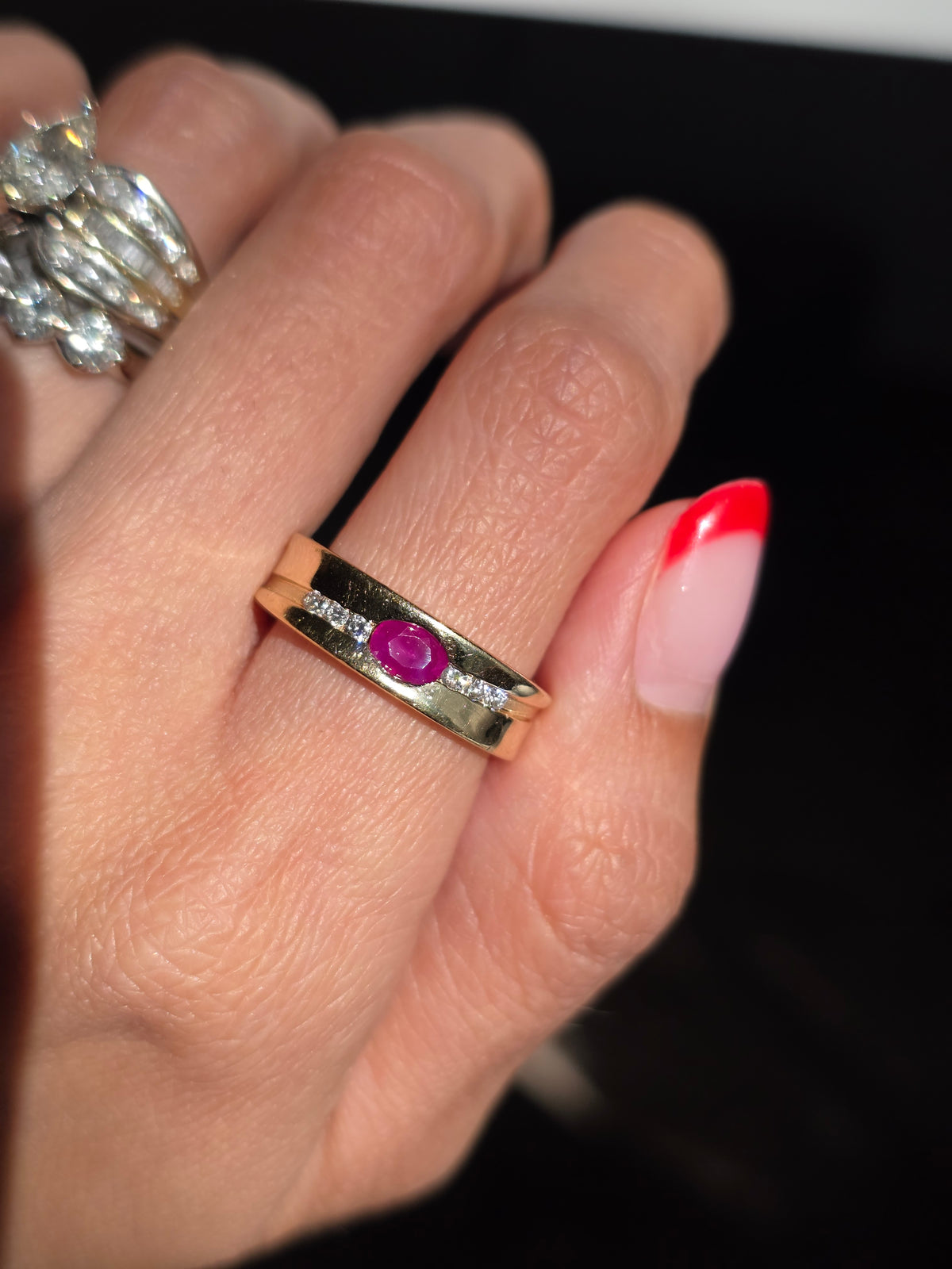 Gorgeous 14k Gold Flush Set Ruby and Diamond Statement Band Size 7