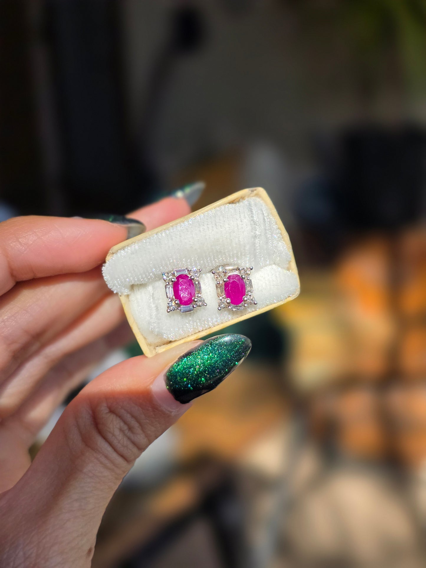 Beautiful 14k White Gold Natural Ruby and Diamond Stud Earrings