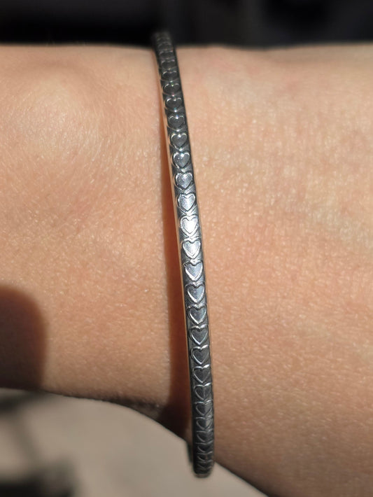 Solid Sterling Silver Heart Pattern Textured Skinny Bangle Bracelet