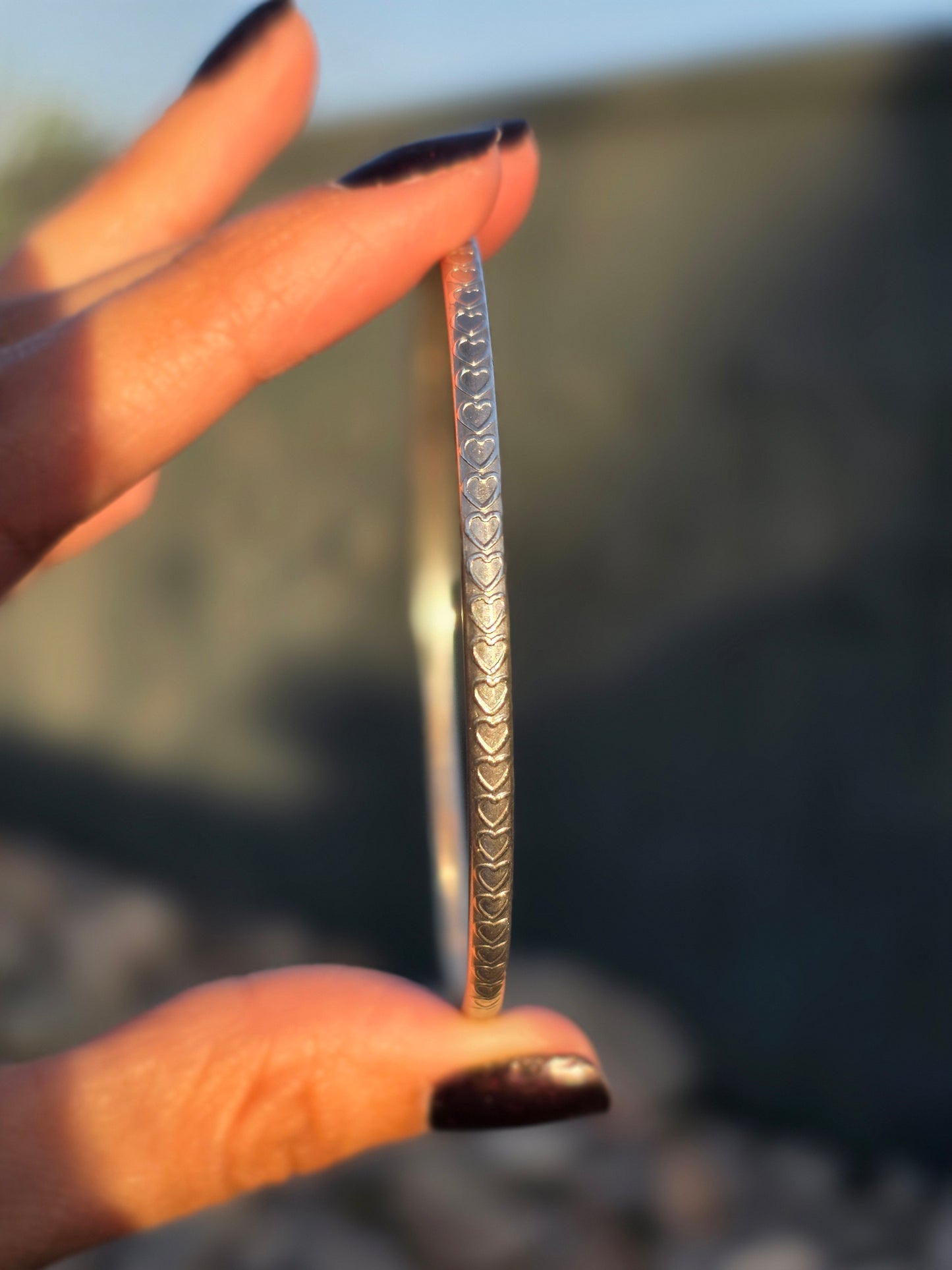 Solid Sterling Silver Heart Pattern Textured Skinny Bangle Bracelet