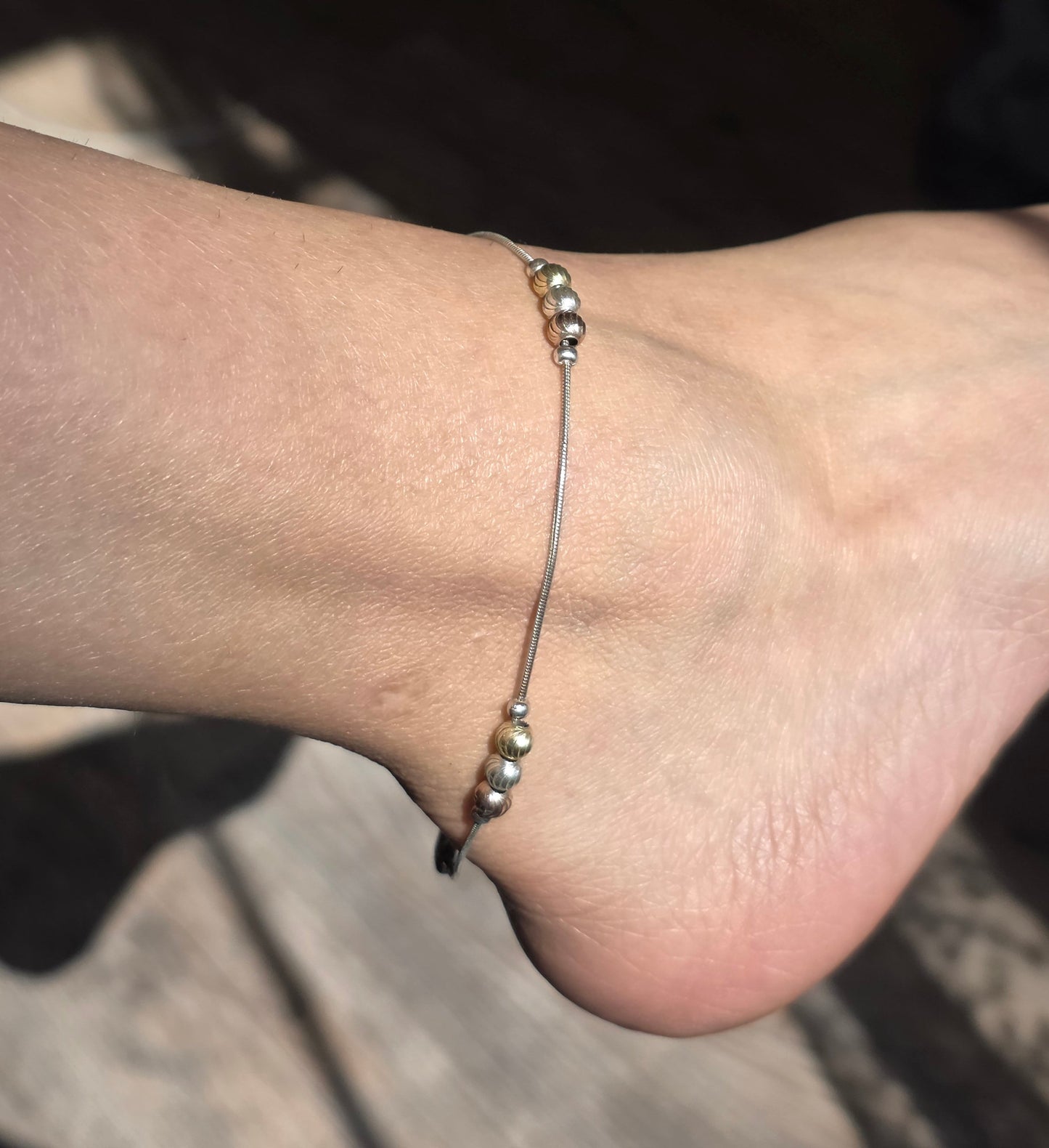 Italian Sterling Silver Snake Chain With Textured Gold Plated Beads Anklet or Larger Bracelet 10"