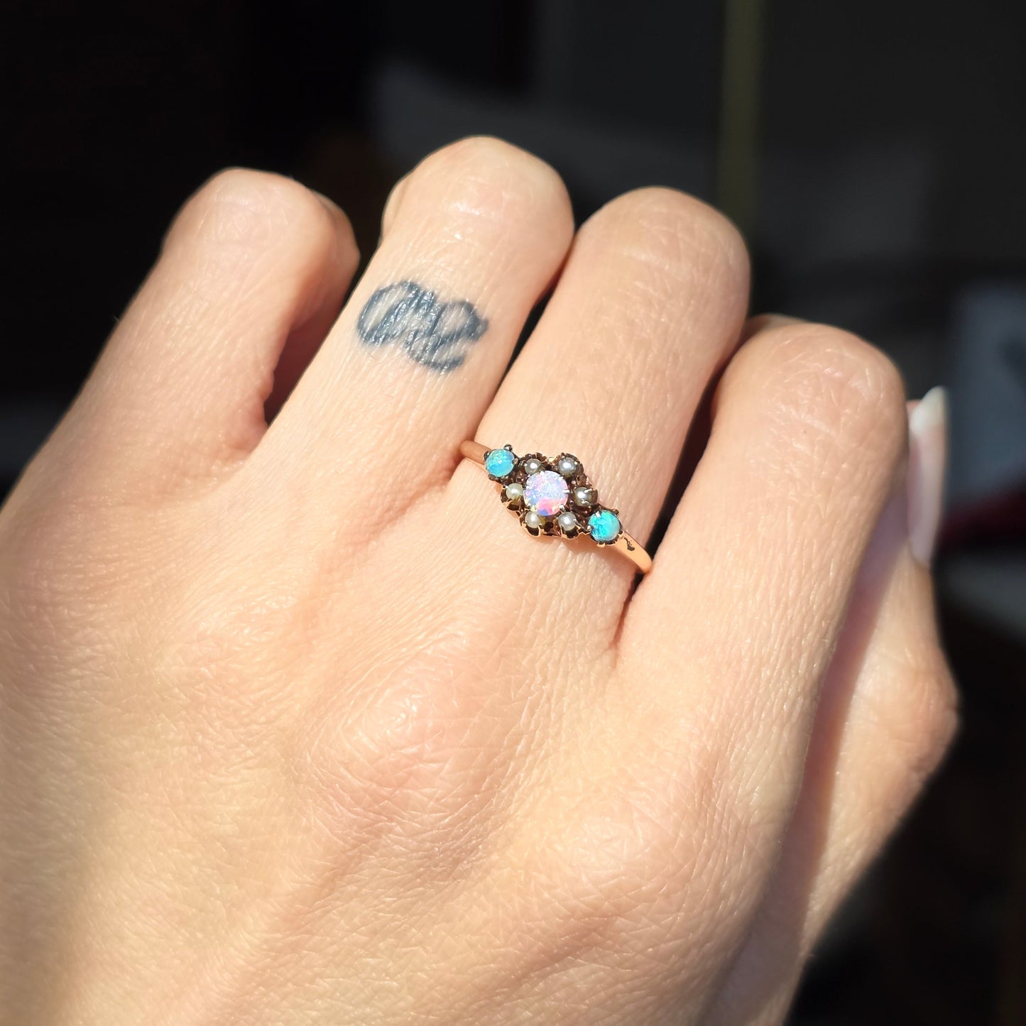 Beautiful Vintage 10k Rose Gold Opal and Seed Pearl Ring Size 6