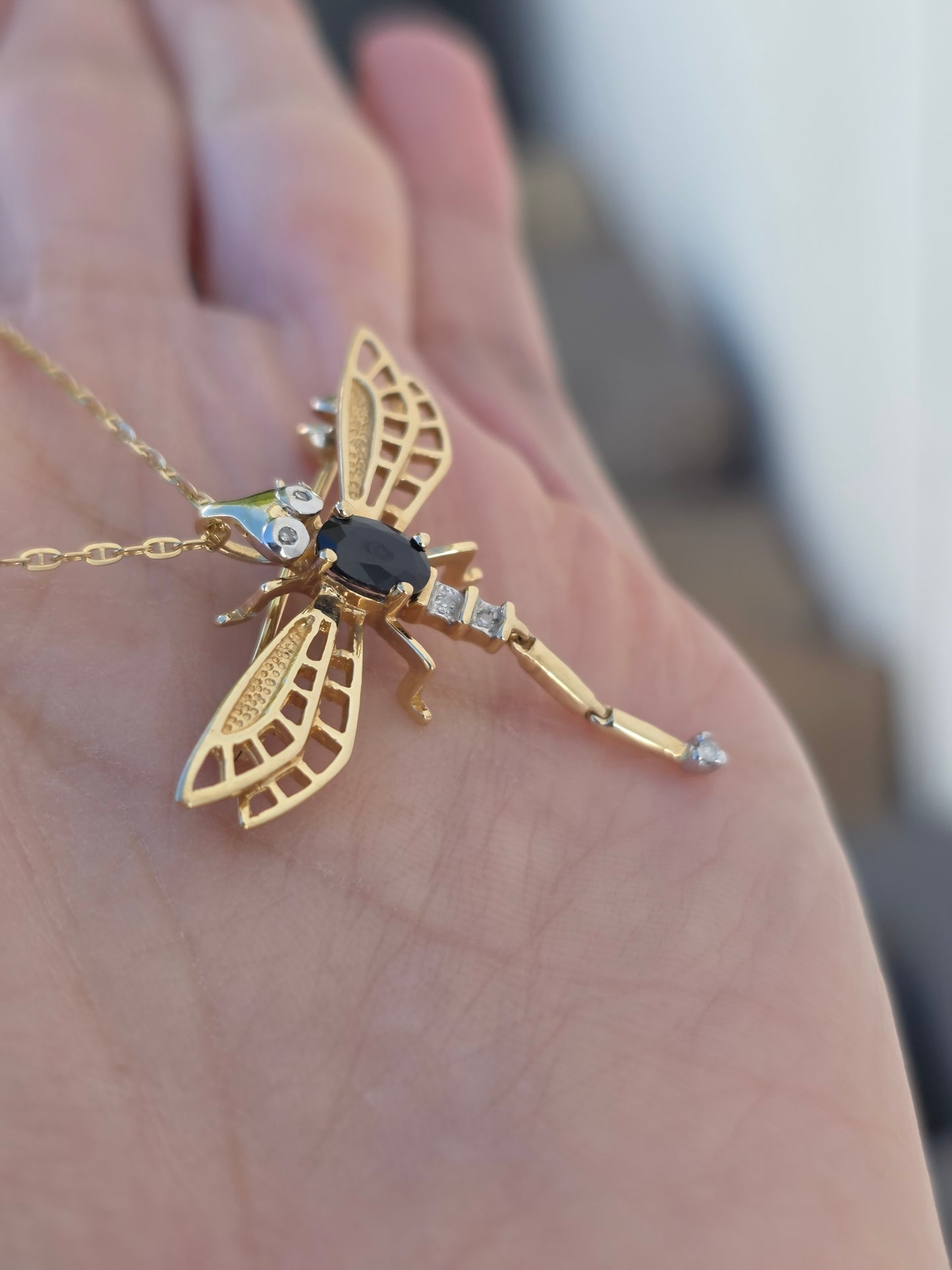 Adorable 14k Gold Sapphire and Diamond Two Toned Articulated Dragonfly Brooch/ Pendant (NO CHAIN)