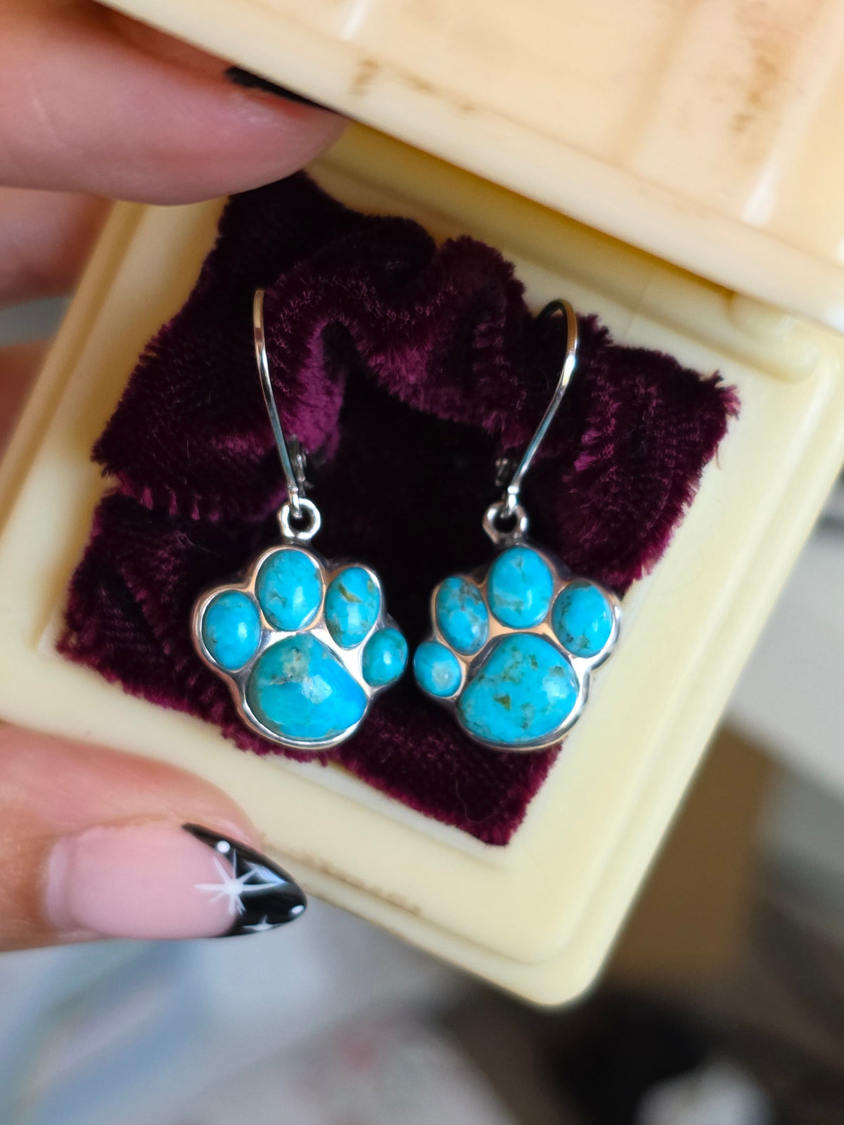 Sterling Silver Turquoise Paw Print Drop Earrings Leverbacks