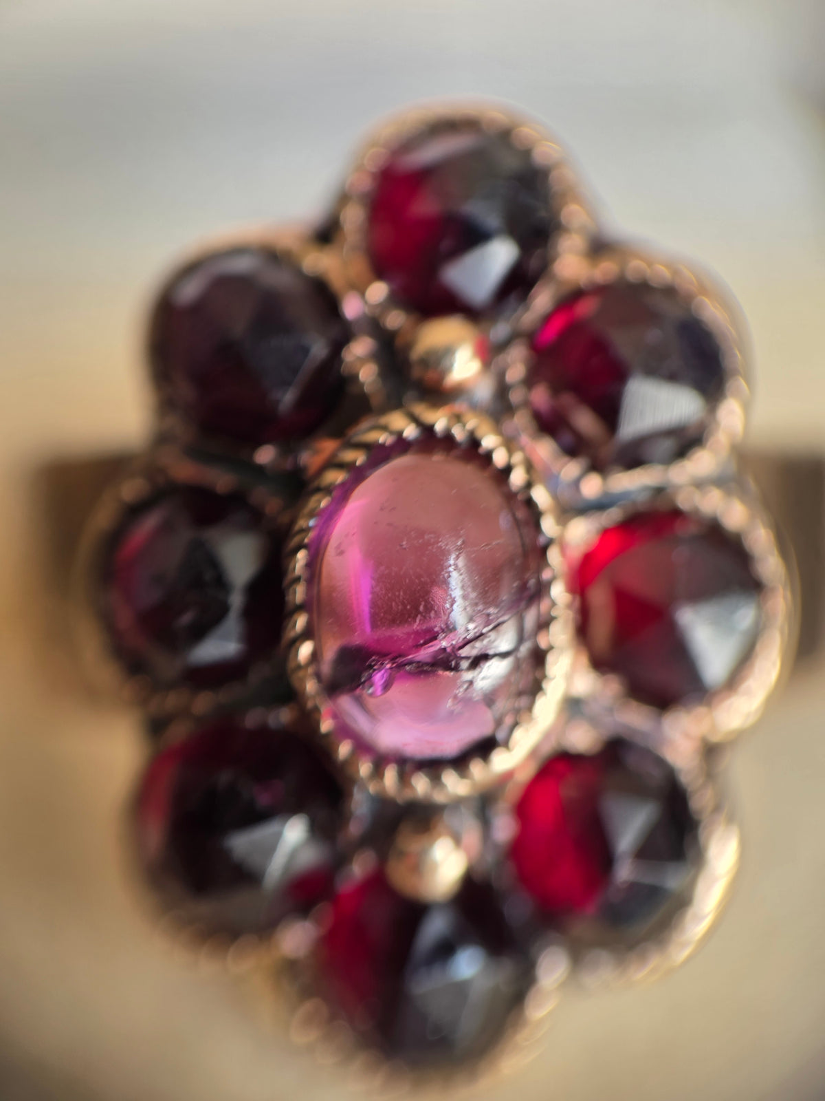 Victorian Style Antique 14k Gold Garnet + Amethyst Cabochon Cluster Statement Ring Size 7