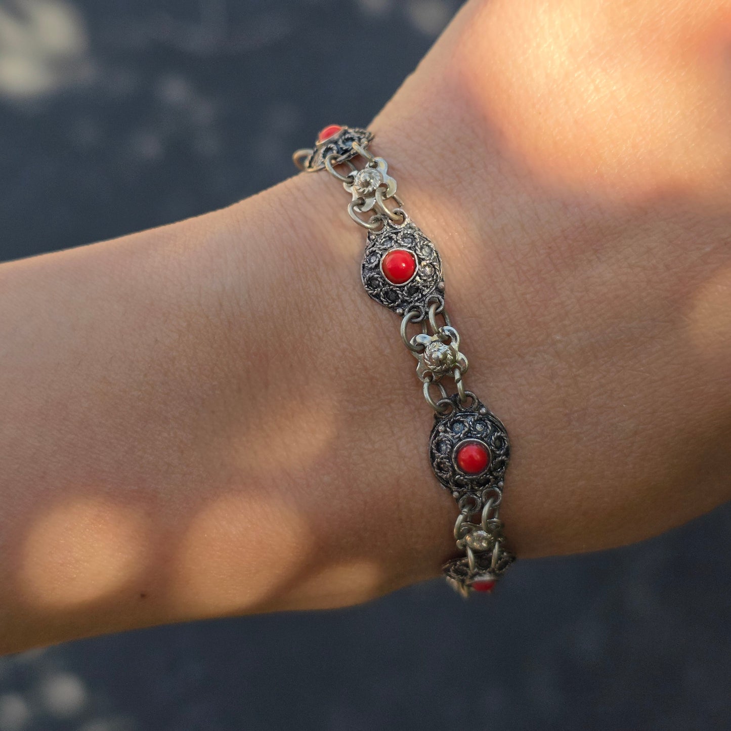 Pretty Sterling Silver Synthetic Red Coral Bracelet 7"