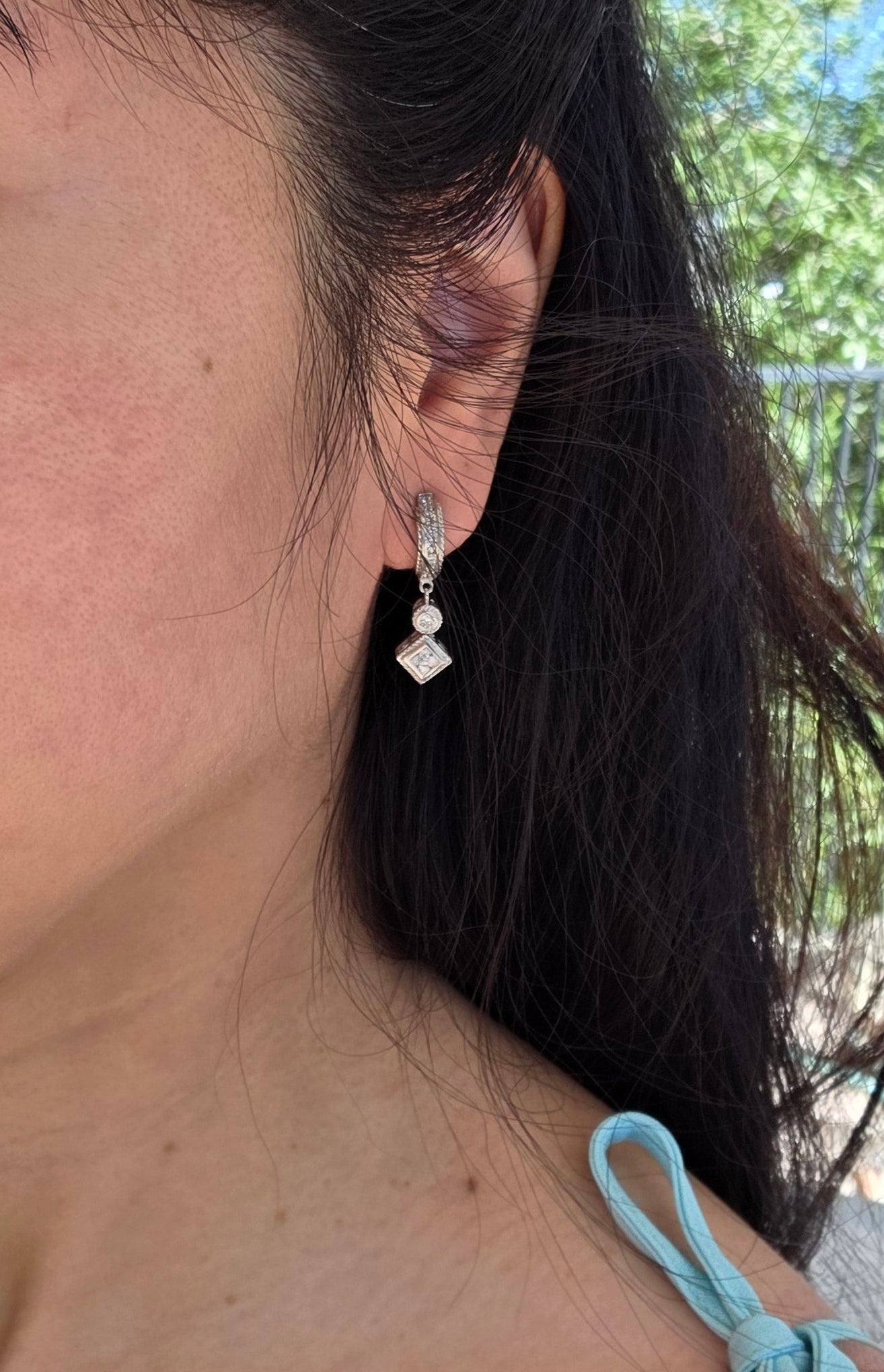 Lovely 14k White Gold Diamond Huggie Drop Dangle Geometric Earrings