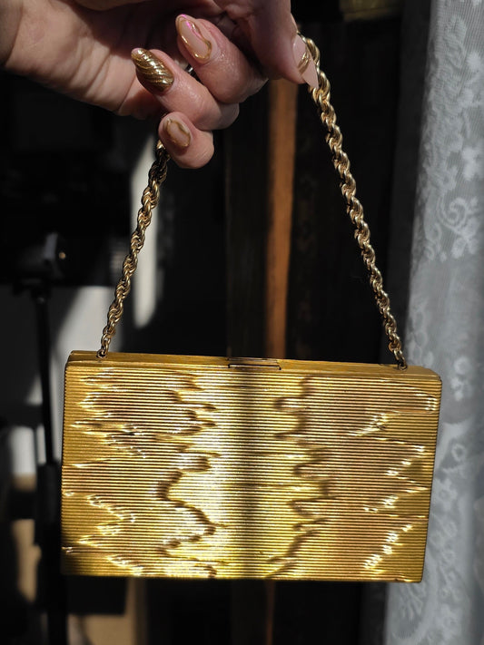 Vintage Evans Gold Toned Metal Compact/ Makeup Handbag Wristlet Solid Rope Chain Handle