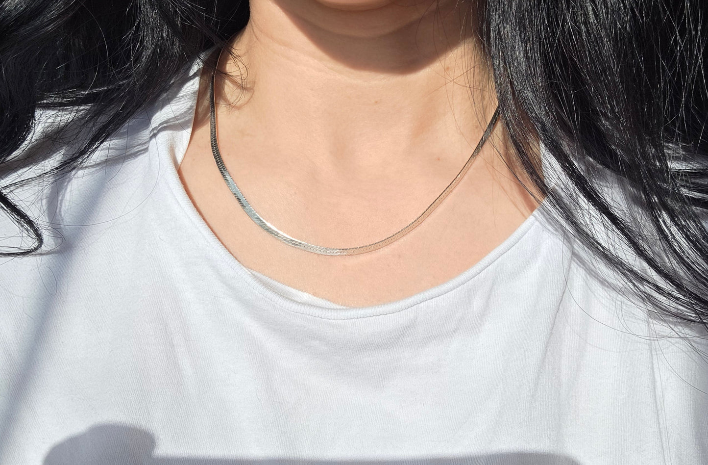 Italian Made Sterling Silver Double Sided Flat Herringbone Hearts Necklace 18"
