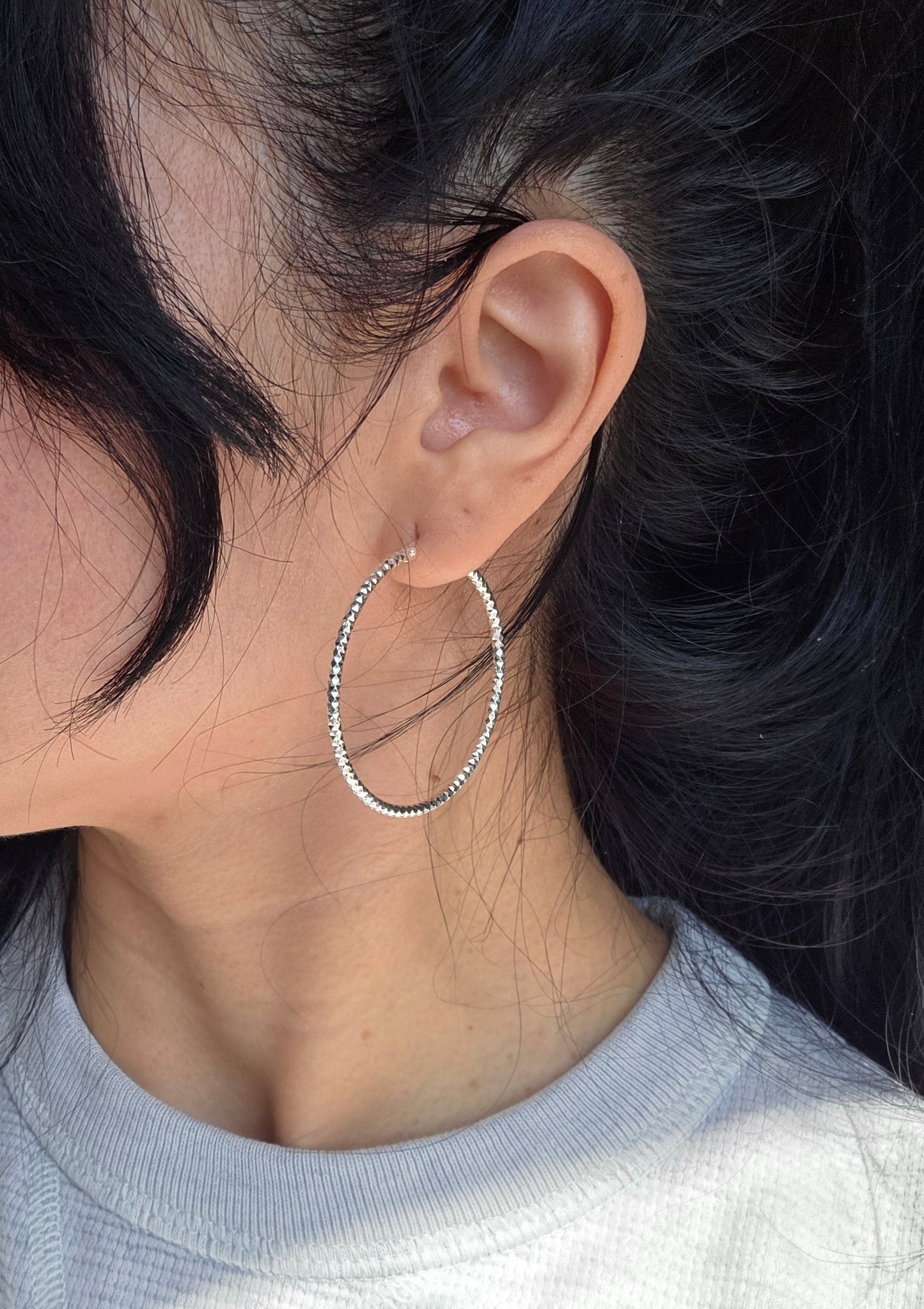 Large 44mm Textured Sterling Silver Hoops Earrings