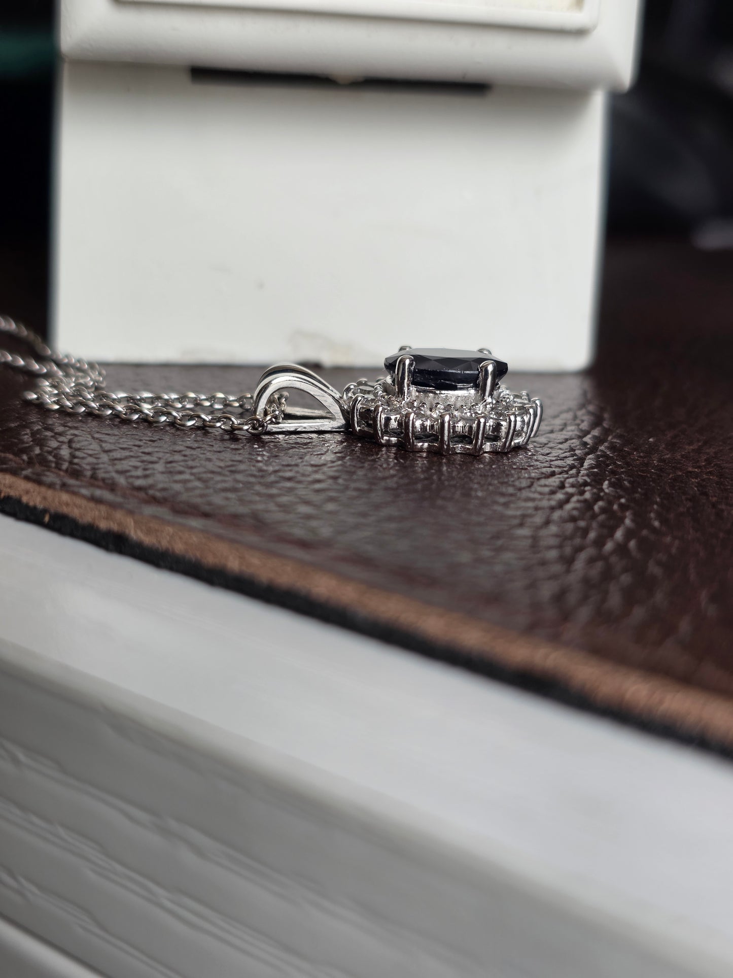 Beautiful 14k White Gold 2.44TCW Dark Blue Sapphire and Diamond Halo Pendant Necklace With 16" Cable Chain