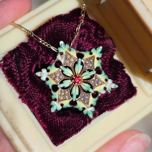 Pretty 10k Gold Enamel Seed Pearl and Garnet Star Brooch (NO CHAIN)