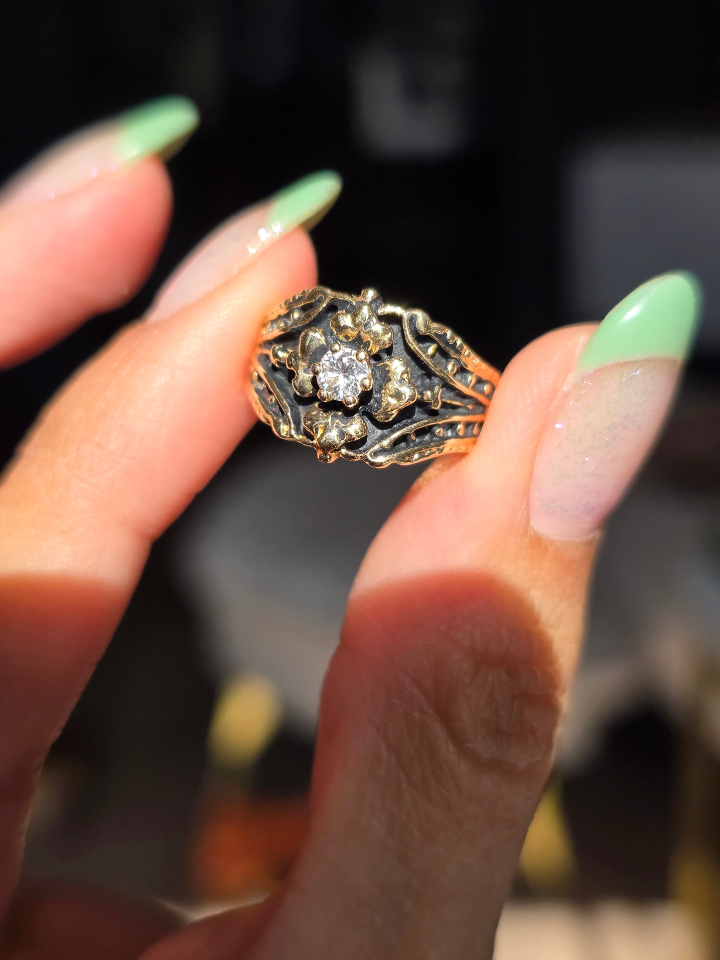 Awesome 14k Gold Diamond Blacked Out Oxidized Flower Statement Ring Size 4.5