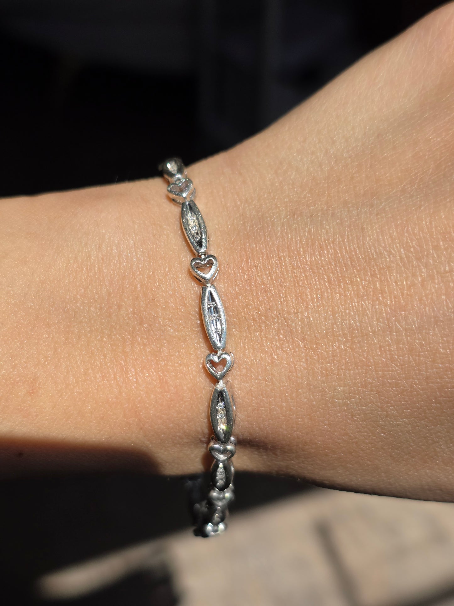 Pretty Sterling Silver Open Heart & Marquise Link Diamond Accented Tennis Bracelet 7.75"
