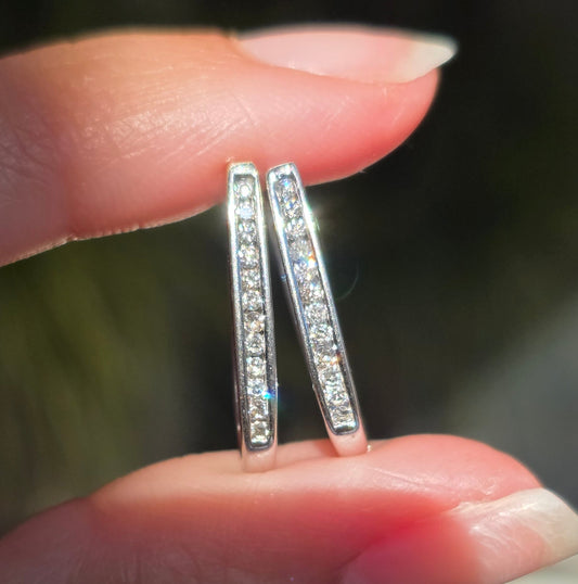 14k White Gold Channel Set Natural Diamond Hoops Earrings