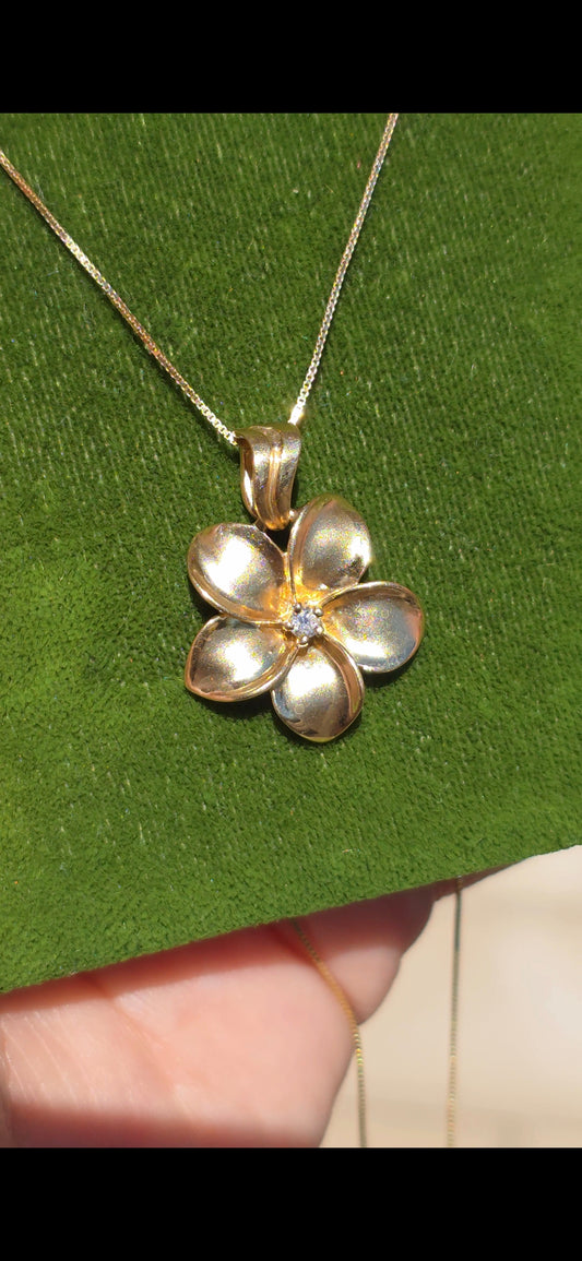 14k Gold Diamond Plumeria Flower Pendant (NO CHAIN)