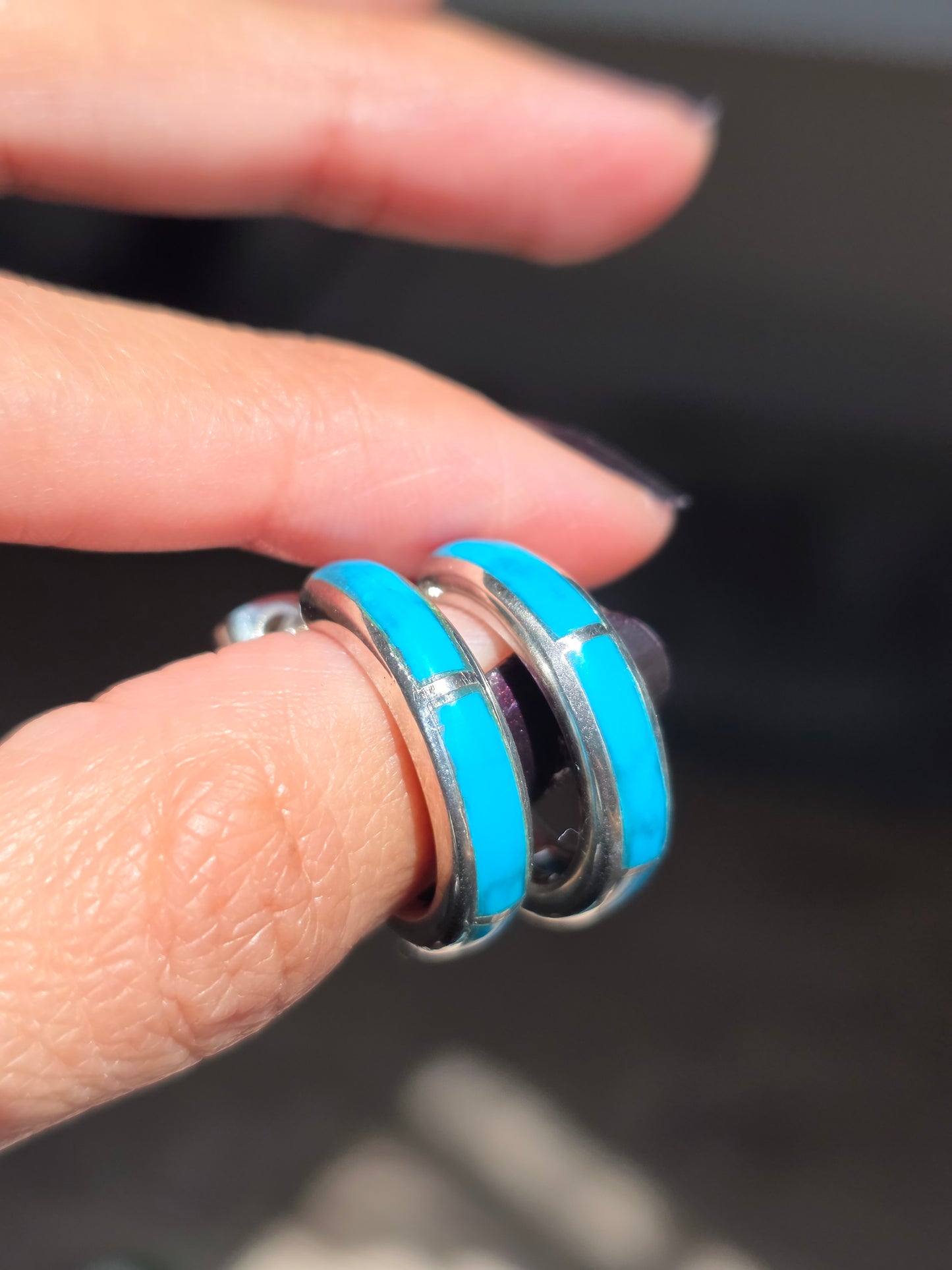 Awesome Turquoise Inlay Sterling Silver Solid Hoops Earrings
