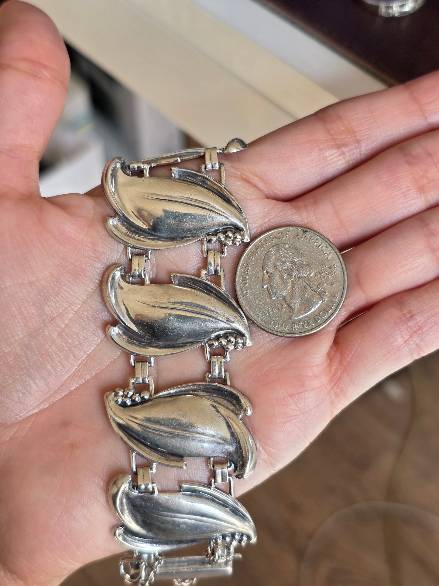 Vintage Sterling Silver Leaf Panel Large Statement Bracelet 6.5"