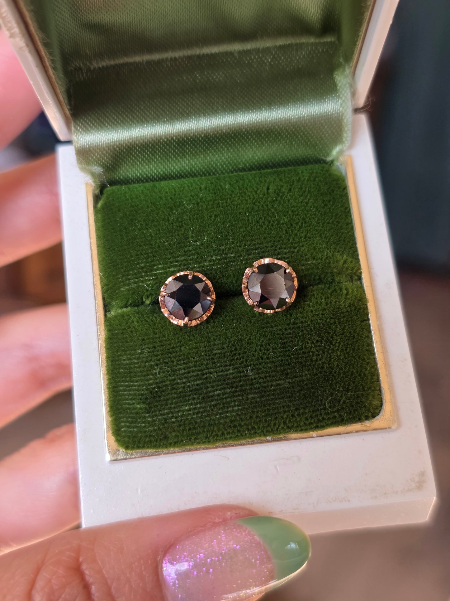 10k Gold Vintage Hematite Studs Earrings Black Faceted Gemstones
