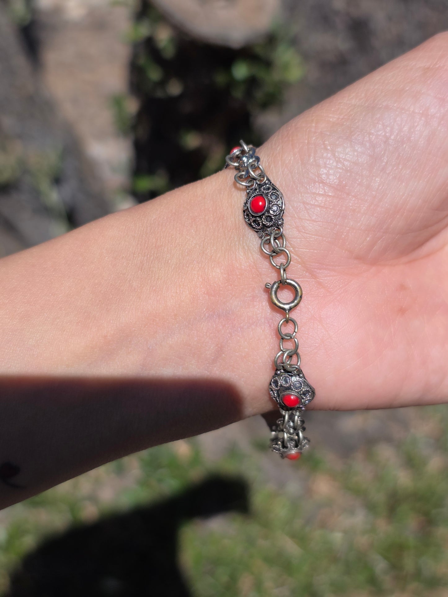 Pretty Sterling Silver Synthetic Red Coral Bracelet 7"