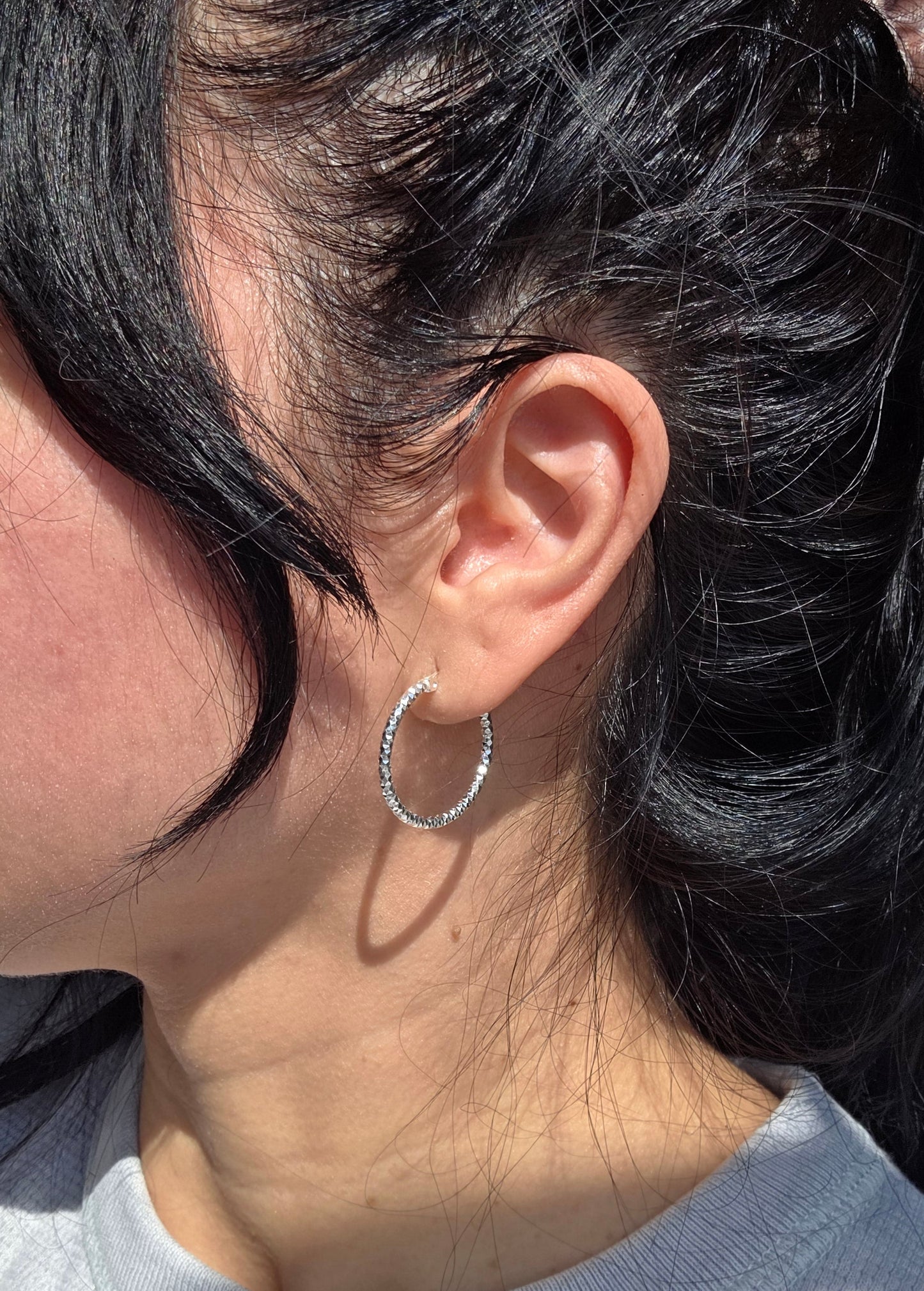 Medium 24mm Textured Sparkling Sterling Silver Hoops Earrings
