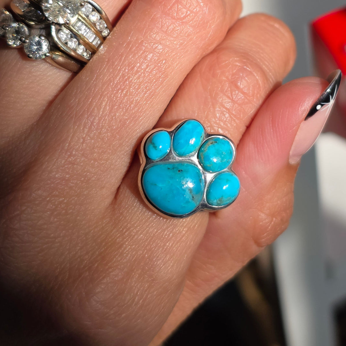 Sterling Silver Turquoise Paw Print Ring Size 8