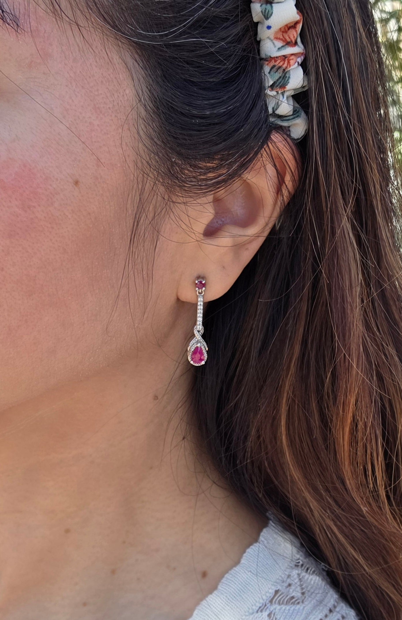 Pretty Sterling Silver .74TCW Ruby and White Topaz Drop Dangle Earrings