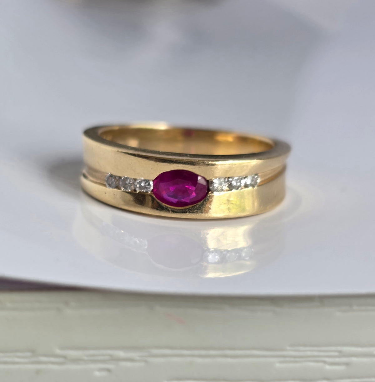 Gorgeous 14k Gold Flush Set Ruby and Diamond Statement Band Size 7