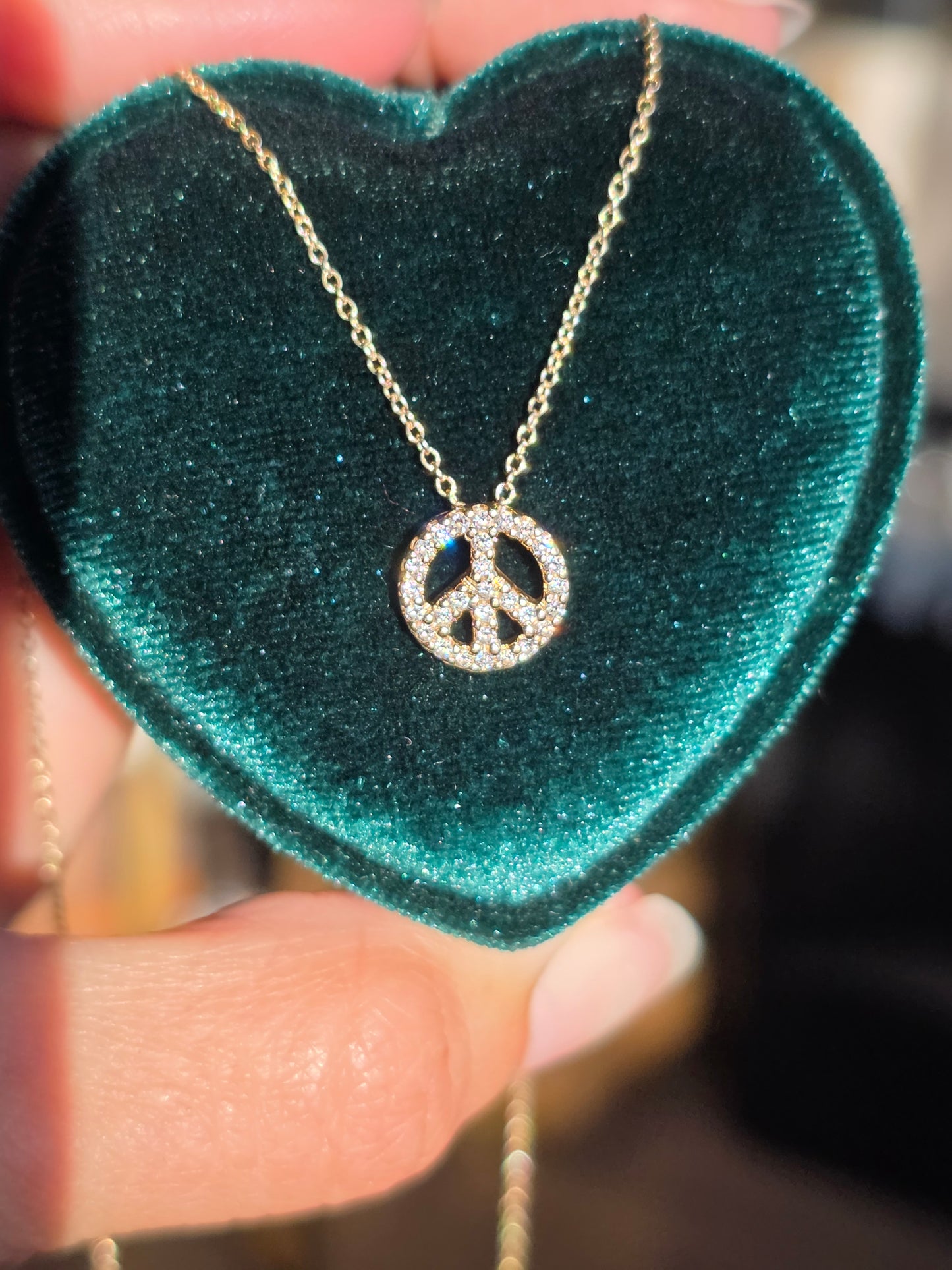 Beautiful Sparkling Diamond Peace Symbol 14k Gold Necklace 17"
