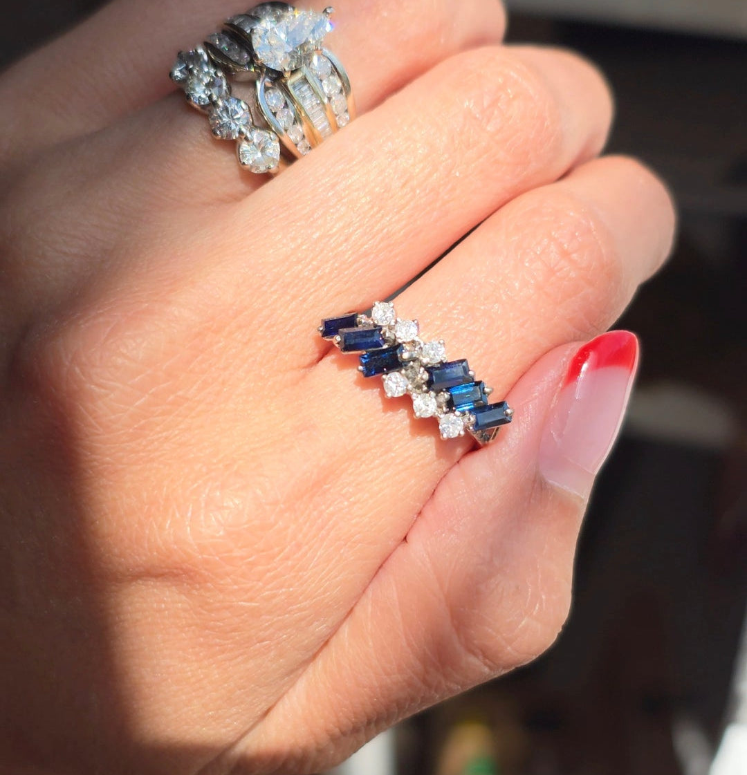 Vintage 14k White Gold .57TCW Midnight Blue Sapphire and Diamond Cascade Cluster Ring Size 6