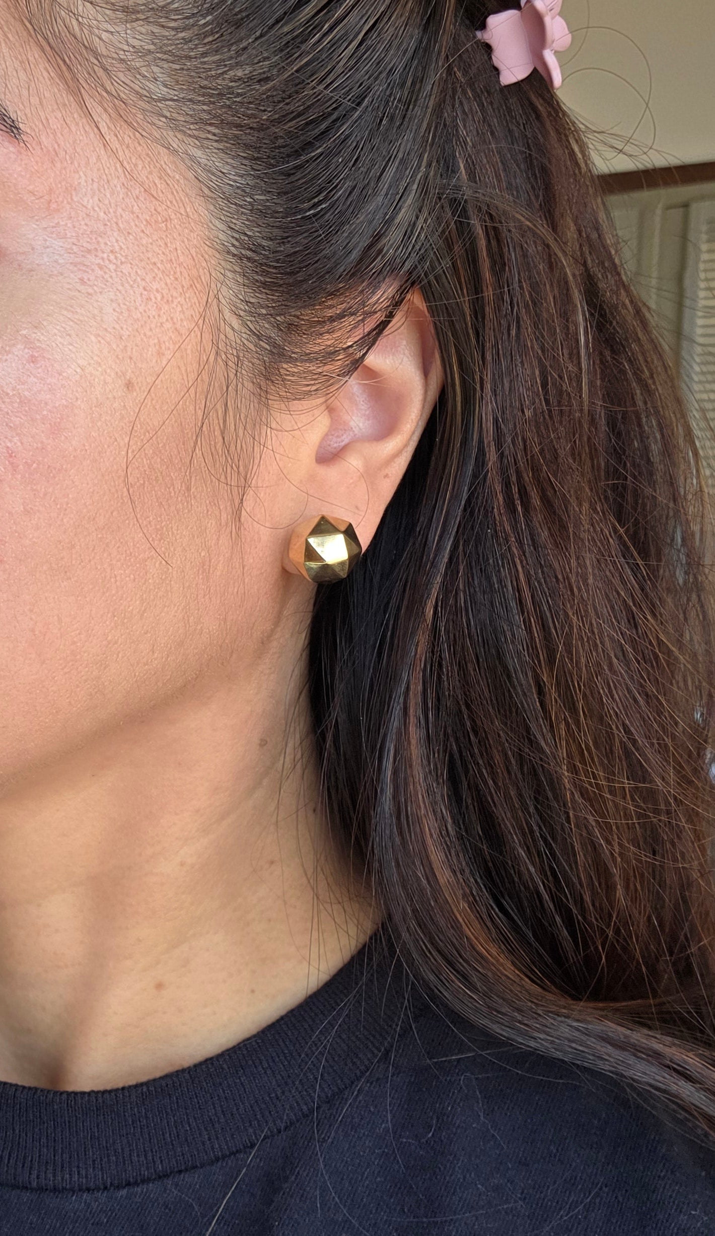 14k Gold Faceted Geometric Sphere Big Bead Modernist Button Statement Earrings