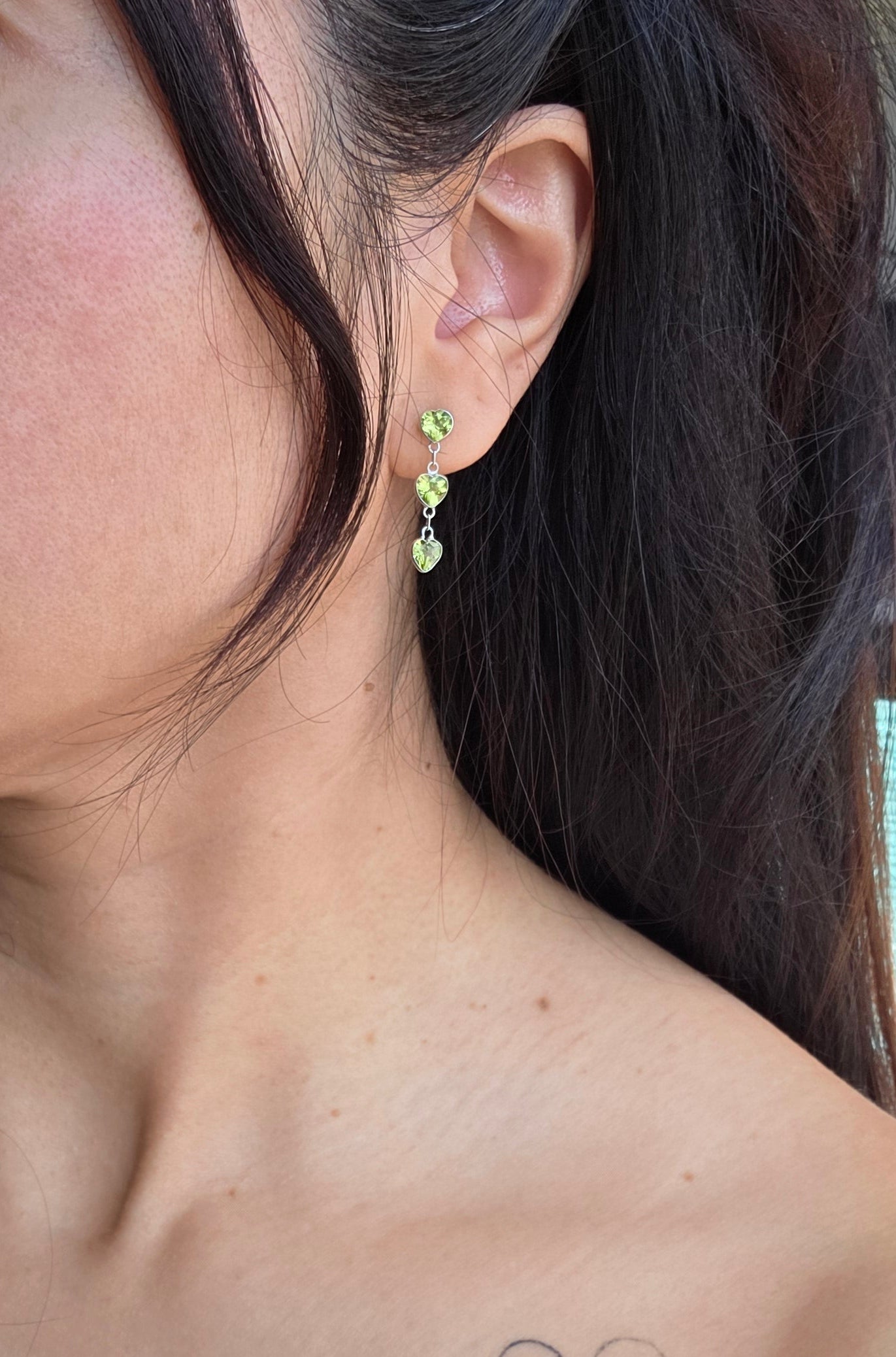 Pretty 14k White Gold Triple Heart Peridot Dangle Earrings August Birthstone