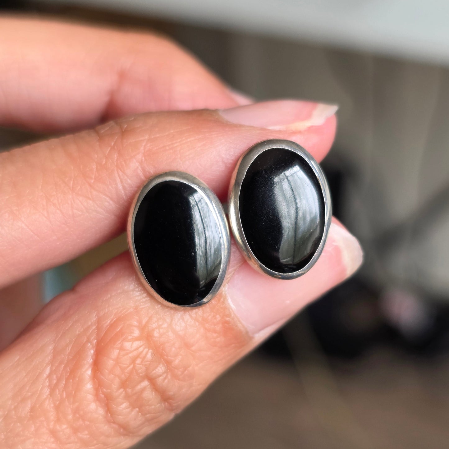 Sterling Silver Oval Onyx Inlay Statement Earrings