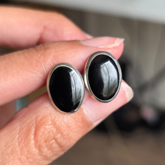 Sterling Silver Oval Onyx Inlay Statement Earrings