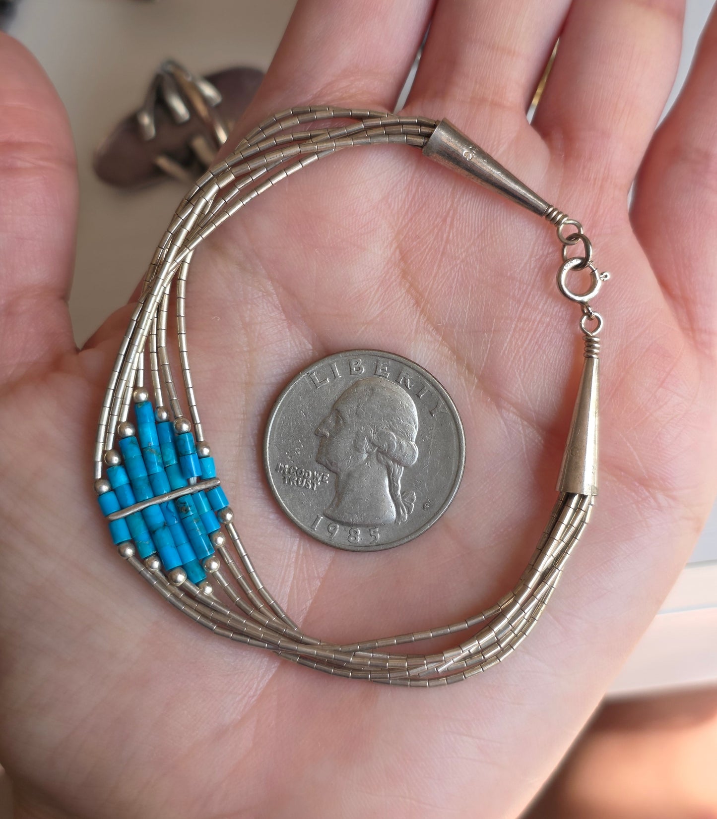 Liquid Silver 925 Sterling Turquoise Bead Geometric Multistrand Bracelet 6.75"