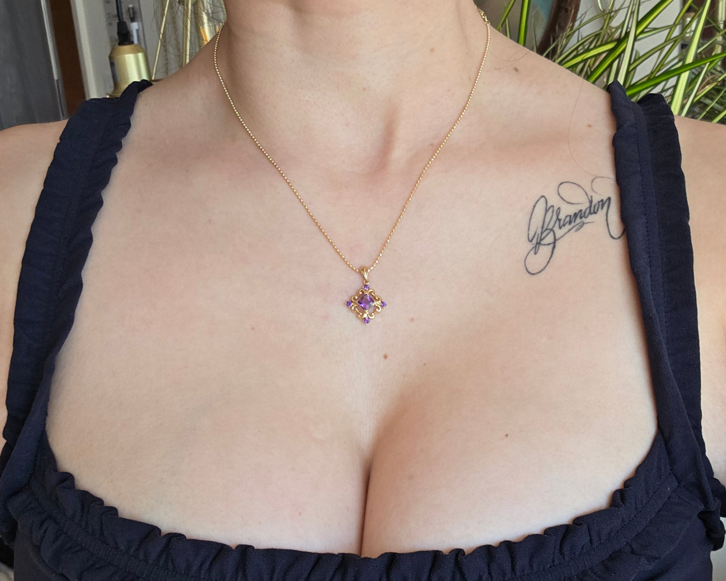 Stunning 14k Gold Filigree Princess Amethyst Pendant (NO CHAIN)