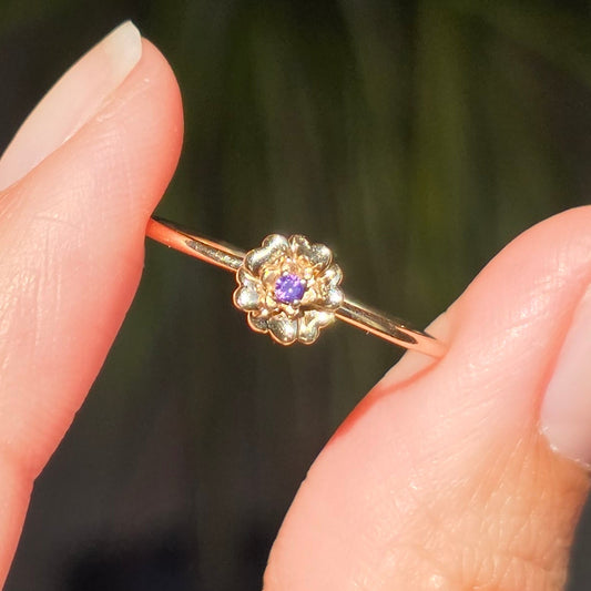 10k Gold Dainty Flower With Purple Gemstone Skinny Stacker Band Ring Size 7.5