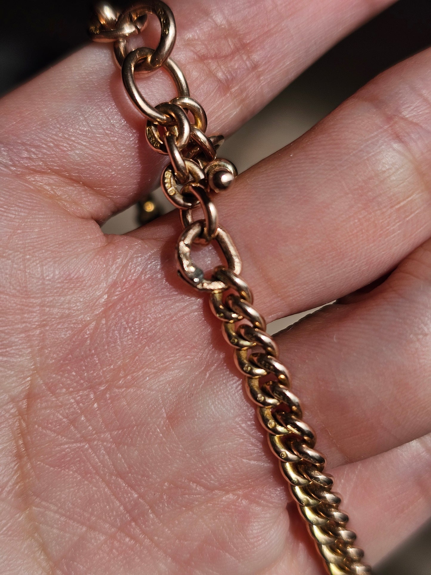 Beautiful Antique 9k Rosey Yellow Gold Tight Curb Watch Chain With T Bar Dangle 16.25"