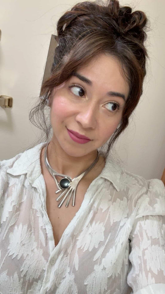 Rare Taxco Solid 4OZ Sterling Silver Hand & Black Enamel Inlay Hindged Collar Choker 14" - Statement Necklace