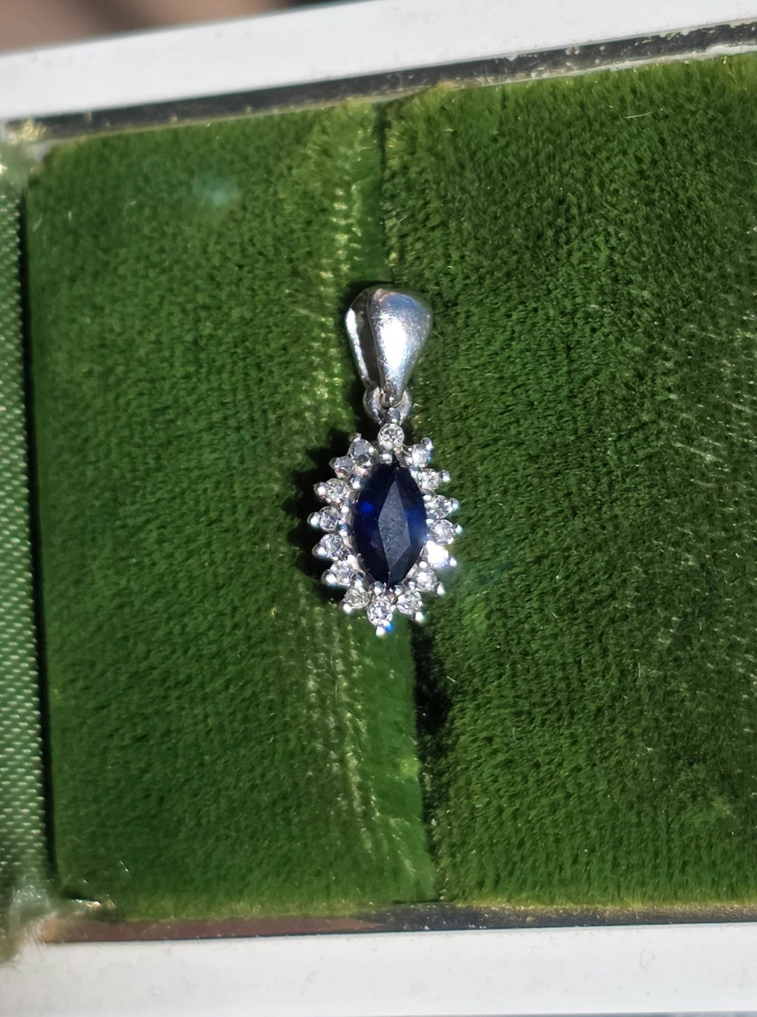 Beautiful Dainty White Gold Sapphire Diamond Pendant With Solid White Gold Cable Link Chain 16" 14k/10k