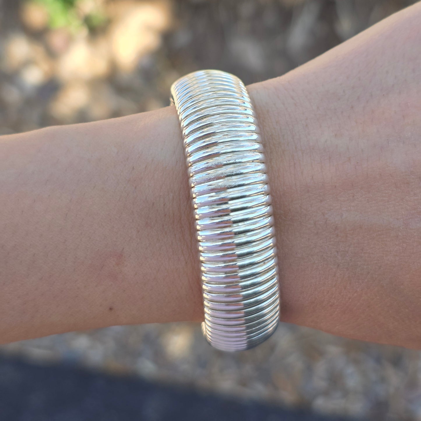 Awesome 80's Solid Sterling Silver Tubogas 16.5mm Wide Stretchy Bracelet 6.5"