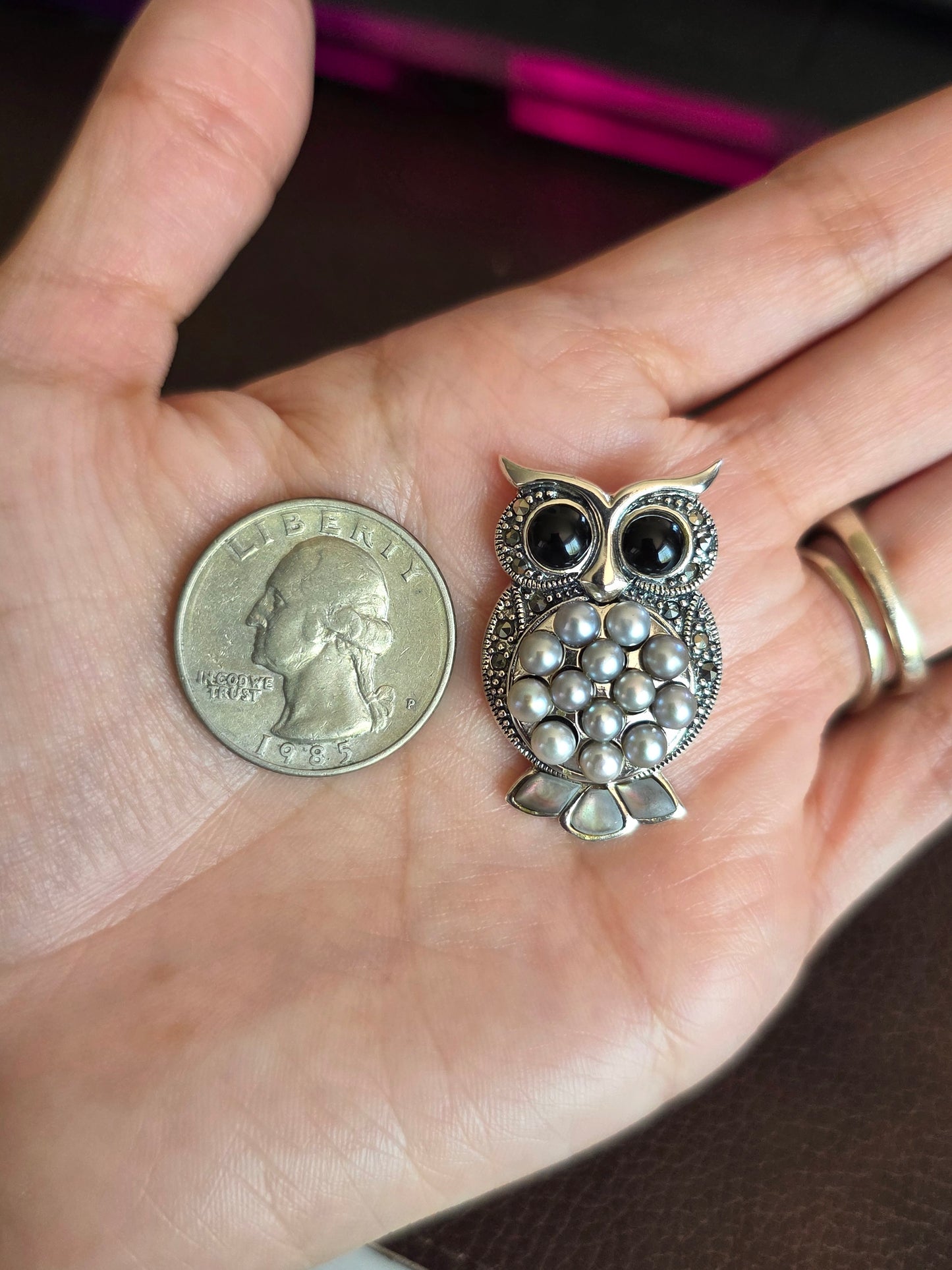 Awesome Solid Sterling Silver Large 1.3" Onyx Pearl Marcasite and Mother of Pearl Inlay Owl Pendant (NO CHAIN)