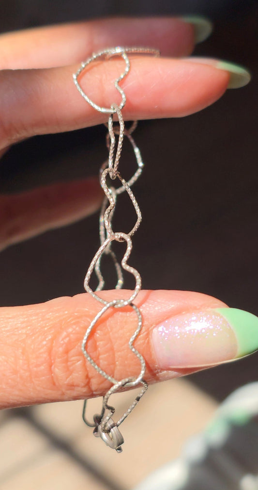 Pretty Sterling Silver Open Heart Link Textured Lightweight Bracelet 7.5"