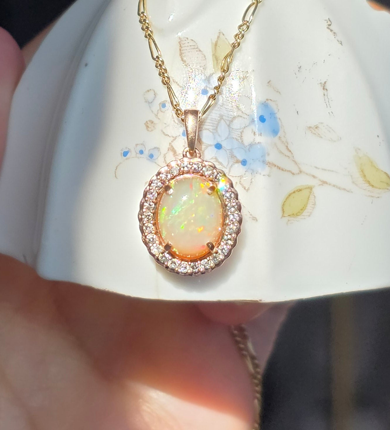 Stunning 10k Rose Gold Natural Fire Opal Cabochon and Diamond Halo Pendant (NO CHAIN)