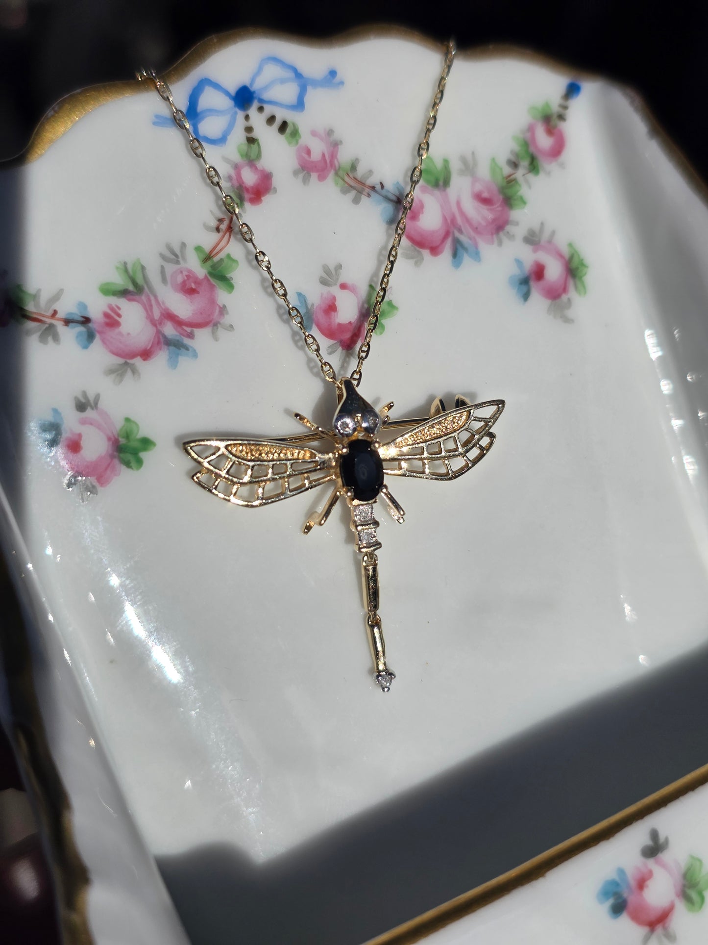 Adorable 14k Gold Sapphire and Diamond Two Toned Articulated Dragonfly Brooch/ Pendant (NO CHAIN)