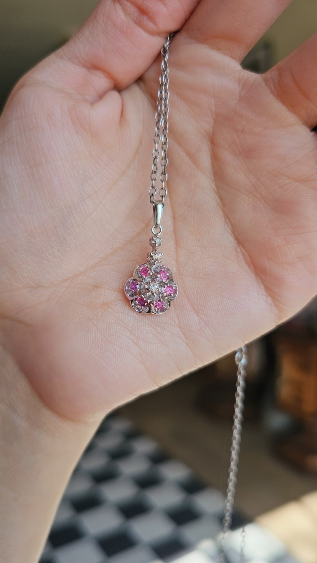 Beautiful Vintage White Gold Pink Sapphire & Diamond Flower Pendant (NO CHAIN)