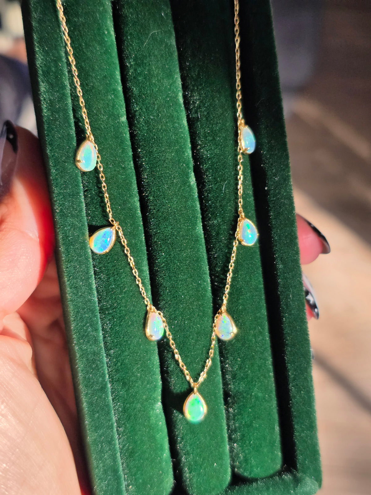 18k Golden Drops Of Fire Opal Dangle Delicate Necklace 15"